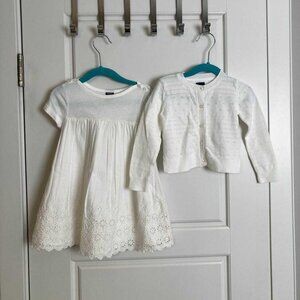 EUC Baby Gap White Eyelet Dress + Bloomer and Matching Cardigan Sweater - Size 2